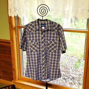 Wrangler Western Wear Sz. L Blue Plaid Pearl Snap SS Casual Button Down Shirt